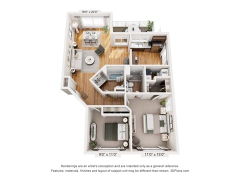 Floor plan for 2 beds, 2 baths, 1000 sqft
